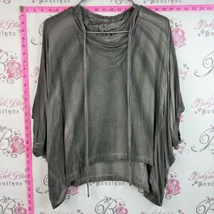 Baba shirt flowy tie dye Washed Grey Draped Women's Blouse with Tie Neck hooded